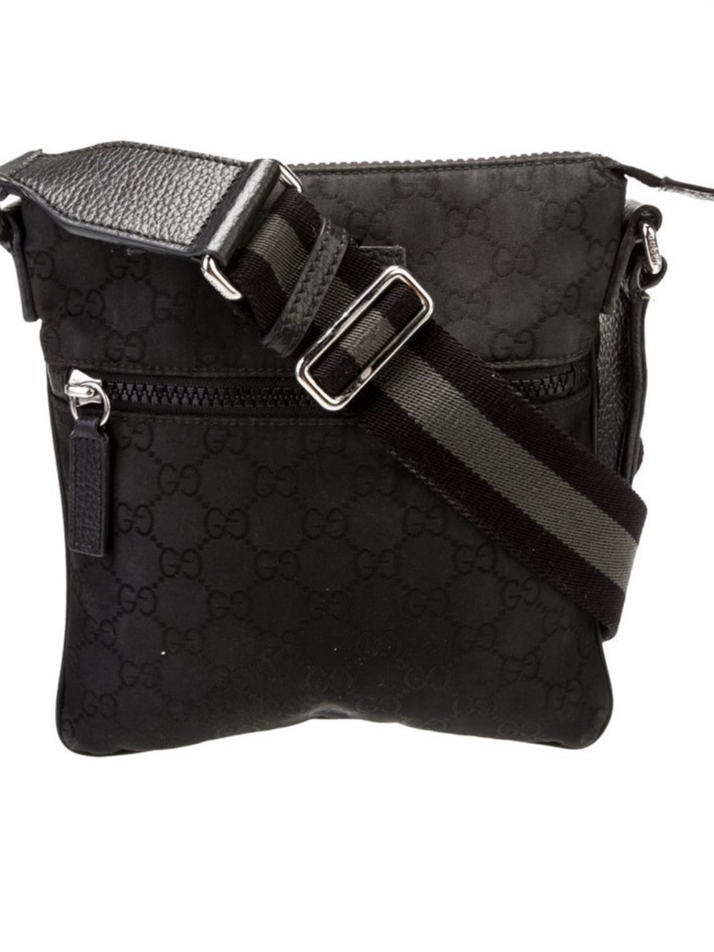 Gucci Black GG Monogram Messenger Bag with Striped Shoulder Strap